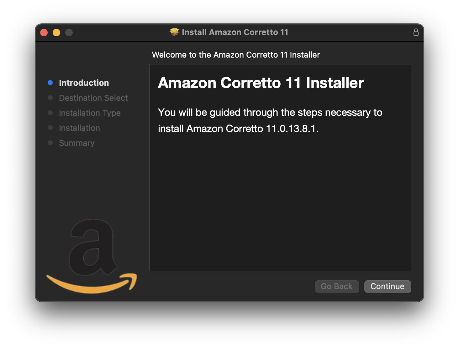 Screenshot of Amazon Corretto installer that will give you the distribution of OpenJDK 11 needed to install Apache Kafka on Mac