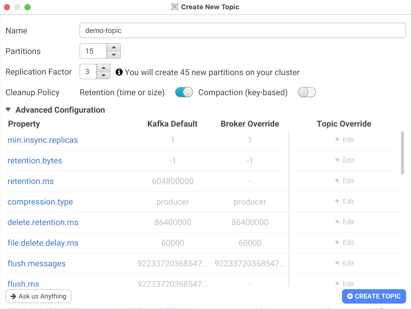 Kafka Topic create screenshot in Conduktor where to set Replication Factor and number of partitions