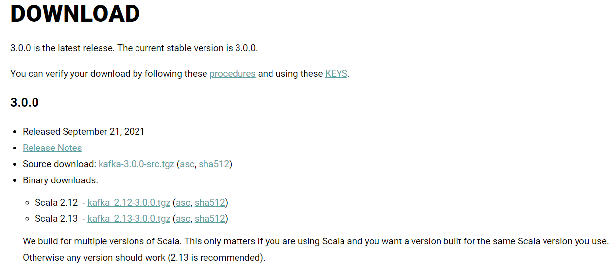 The download page for Apache Kafka where you can download and install Kafka.